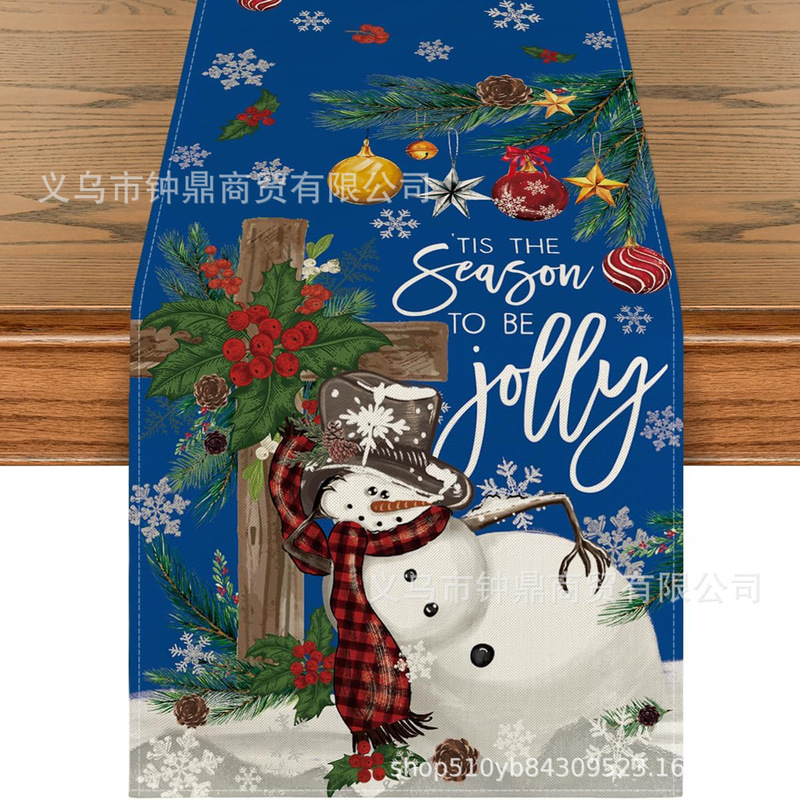 亚马逊爆款圣诞节桌旗雪人雪花图案亚麻材质冬季圣诞节装饰桌布|undefined