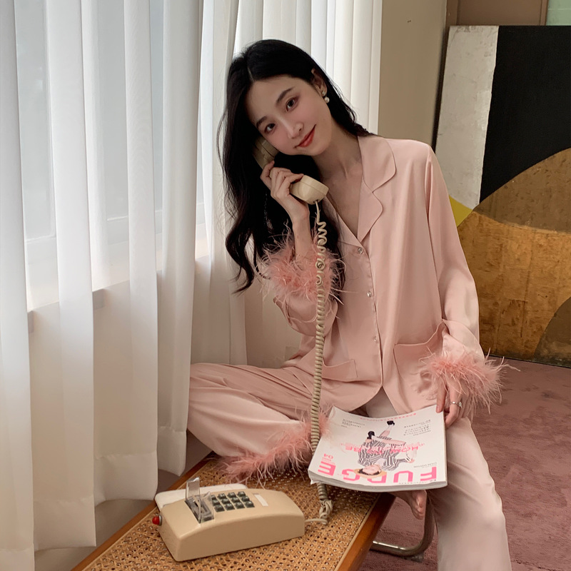 2023 new satin feather sleeve women's suit long sleeve trousers pajamas home wear 2023 new satin feather sleeve women's suit long sleeve trousers pajamas home wear