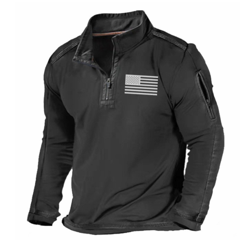 Primavera y otoño Comercio exterior más tamaño de los hombres al aire libre bolsillo con cremallera media cremallera cuello táctico de manga larga Camiseta suéter casual