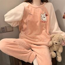 睡衣女法蘭絨秋冬季加厚保暖女士睡衣韓版可愛寬松圓領家居服套裝