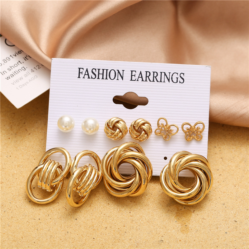 European and American metal circle chain earring 6-piece set butterfly earrings