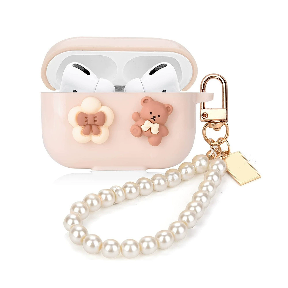 Защитный чехол для AirPods (1/2/3/4, Pro/Pro2/Pro3) — милый 3D мультяшный бежевый с жемчужным ремешком