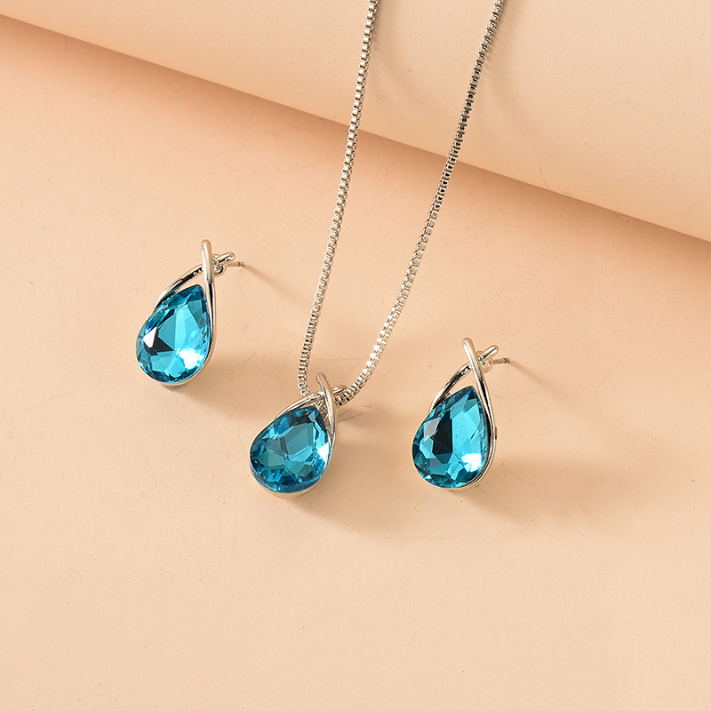 Transfronteriza europea y americana de las mujeres impresas rhinestone azul collar pendientes de dos piezas pendientes de novia de la boda collar traje