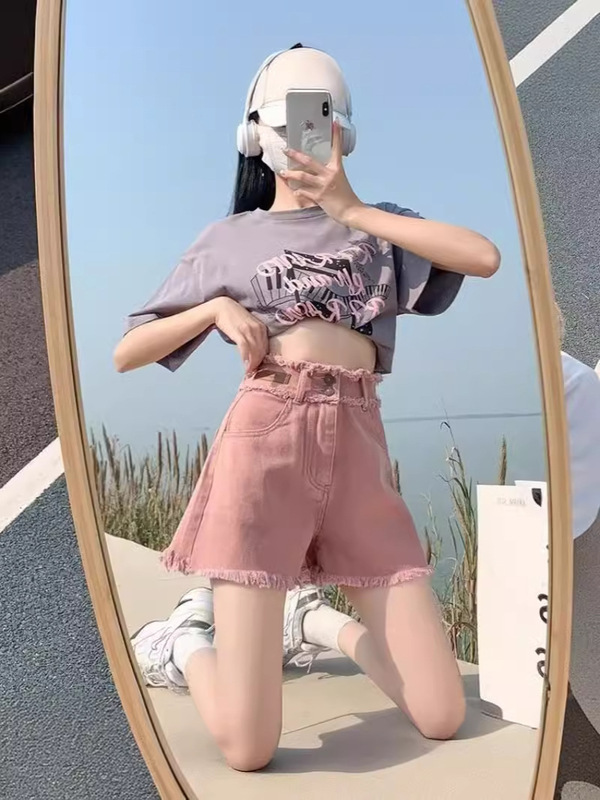 New Summer Wide-Leg Pink Dirty Slimming 2024 Hot Loose Frayed Denim Shorts for Women High-Waisted Hot Girl