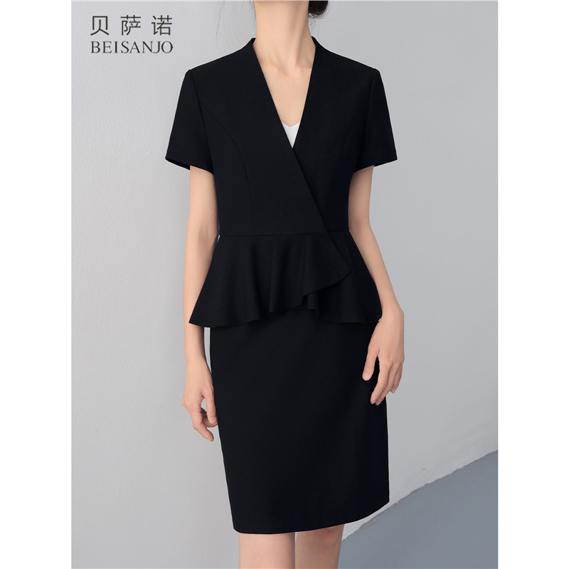 黑色短袖西装套装女夏季薄款职业正装酒店前台工装珠宝店工作西服