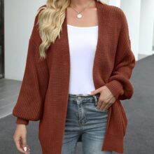 欧美外贸女装灯笼袖毛衣女外套2025秋冬新款粗毛线口袋针织开衫