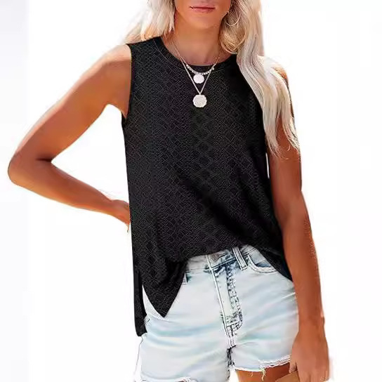 Temu2024 Women's Summer Sleeveless Vest Round Neck Loose Basic Mesh Side-Slit Breathable Top