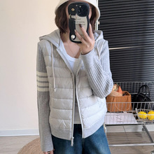 欧洲站25秋冬新款连帽羽绒服女拼接羊毛针织袖白鸭绒轻薄短款外套