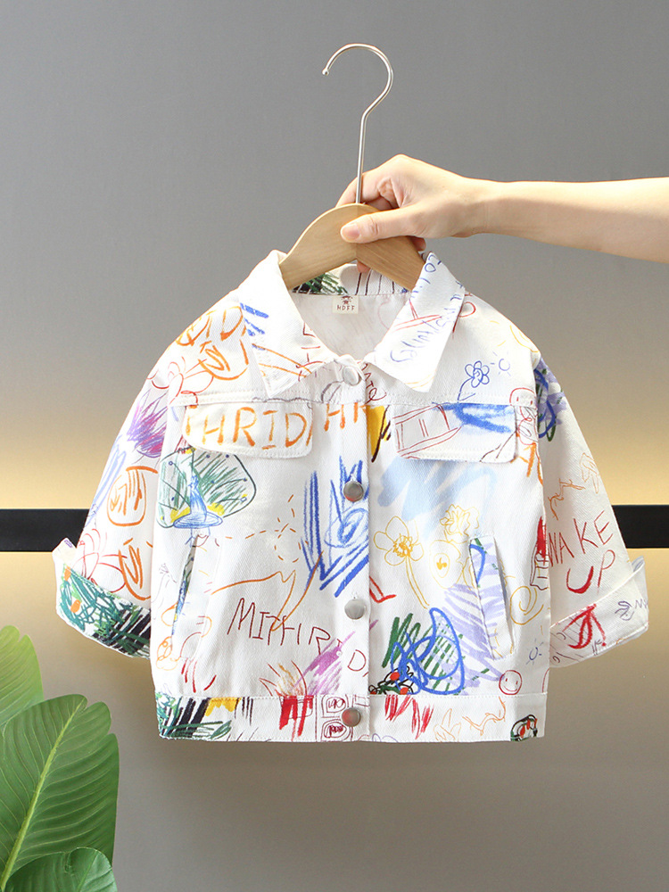 5867 Chaqueta de otoño para niños 2024 Chaqueta de mezclilla de graffiti de celebridades de Internet para niños Primavera y otoño Moda Fried Street image 1