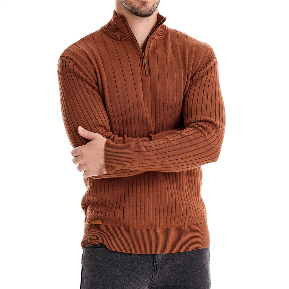 Stand up collar cotton casual half zipper solid color pullover high-quality men's knitted sweater_voghion.com