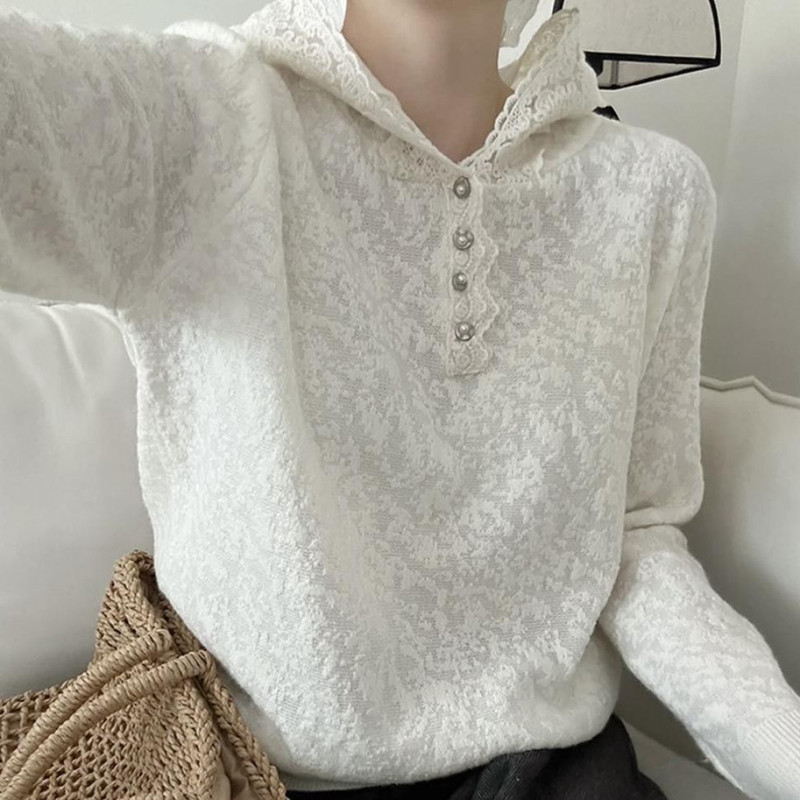 New Style Simple and Elegant Lace French-Style Knitted Hooded Top with a Youthful Vibe, Unique Design, Thin and Lightweight