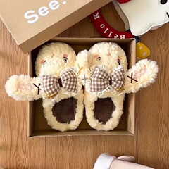 秋冬季兔兔蝴蝶结新款棉拖鞋女保暖居家室内厚底防滑加绒款毛毛拖