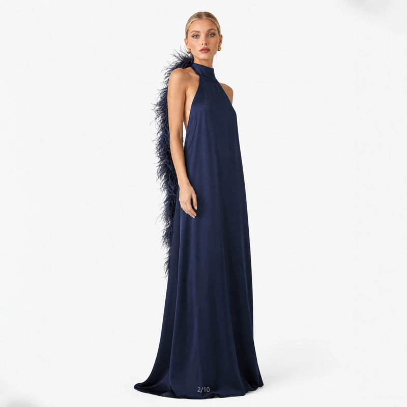 New European and American cross-border women's clothing: a slim-fit, elegant satin dress with ostrich feather detailing, featuring a halter neckline, open back, and an extra-long length, perfect as an evening gown New European and American cross-border women's clothing: a slim-fit, elegant satin dress with ostrich feather detailing, featuring a halter neckline, open back, and an extra-long length, perfect as an evening gown