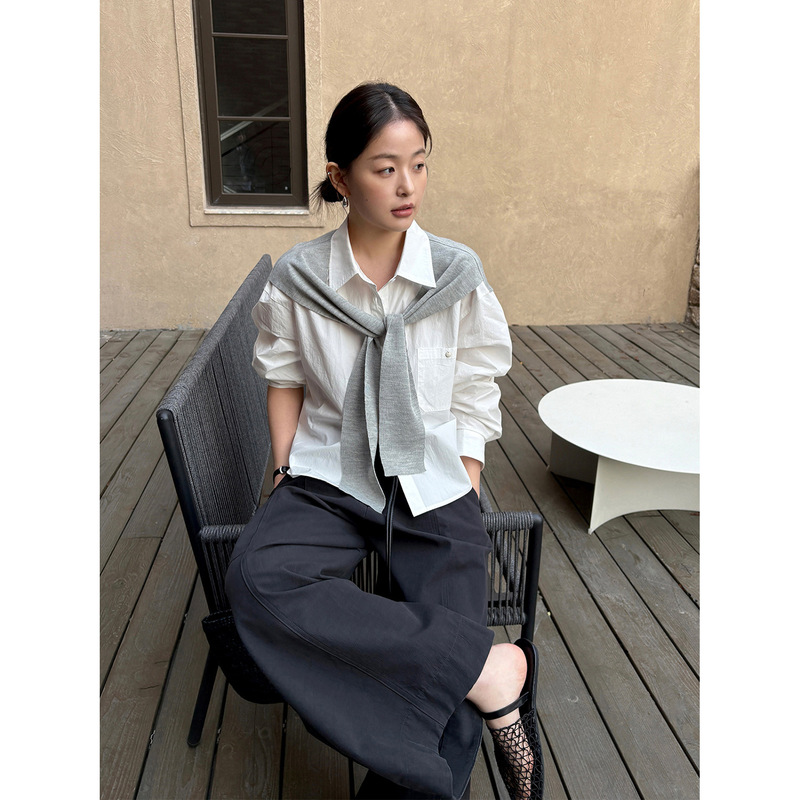 Tg Layered Look with Full Layering Effect Korean Style Office Commute Fake Two-Piece Knitted Patchwork Shirt for Women 2026 Spring Model 26186
