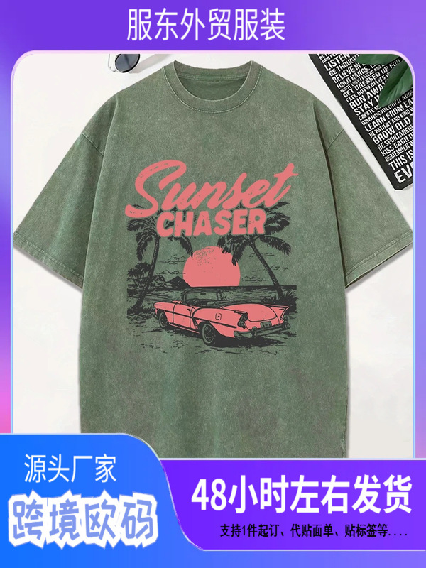 A Sports Car Chasing the Sunset Pure Cotton Washed T-Shirt Women's Top Casual O-Neck Retro T-Shirt Summer Women's Clothing
