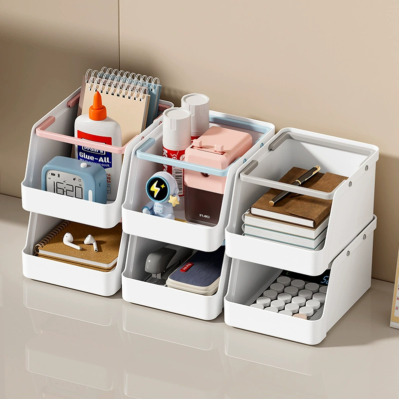 Table Storage Box, Desk Organizer with Handle — Pens & Stationery Holder, Stackable (20×12×11 cm)