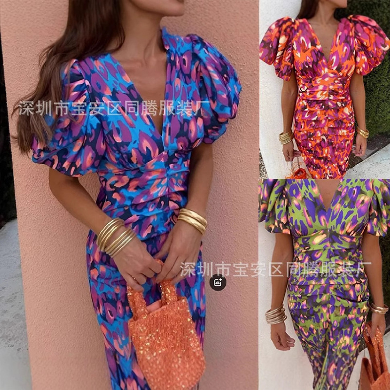 2025 New Cross-border European and American Amazon Printed Casual V-neck Tight Hip Waist Bubble Short Sleeve dress 2025 New Cross-border European and American Amazon Printed Casual V-neck Tight Hip Waist Bubble Short Sleeve dress