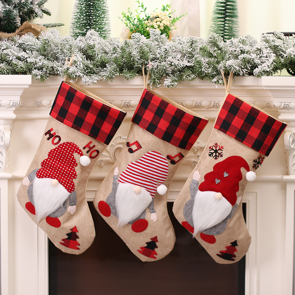Christmas supplies creative cartoon fat doll faceless elderly plaid Christmas socks Christmas tree fireplace decorations_voghion.com
