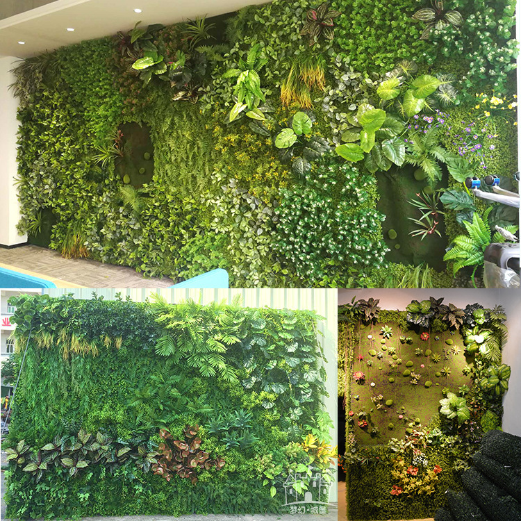 Planta artificial pared Fondo pared puerta tienda letrero decoración flor pared verde plástico falso flor eucalipto planta verde pared