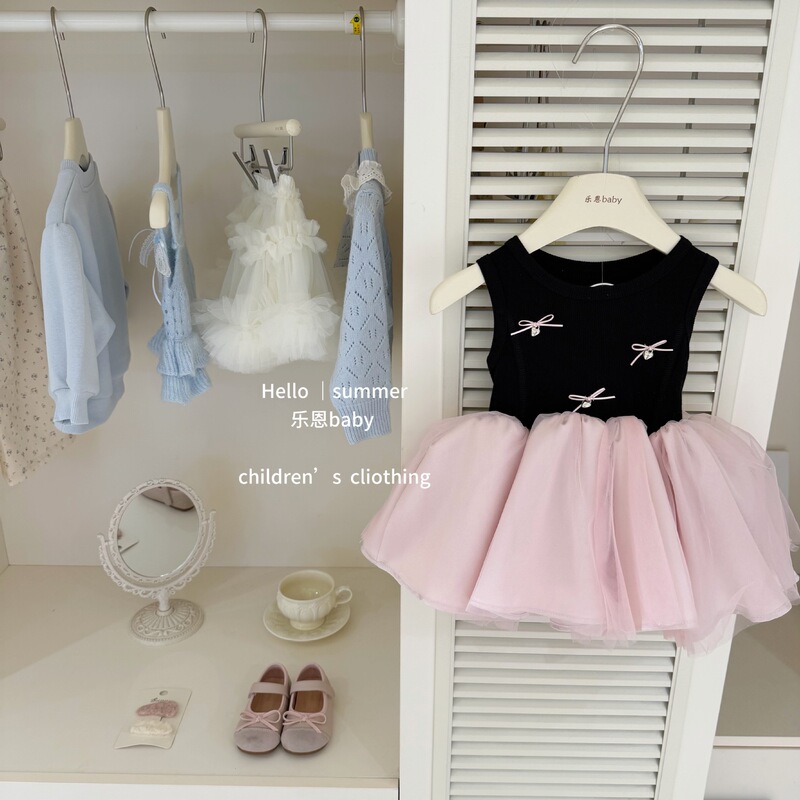 [Leen Children's Clothing] Original Design Summer Girls' Black and Pink Ballet Dress Stylish Tank Top Dress Princess Dress