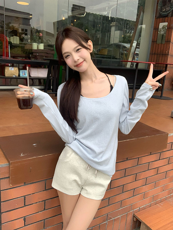 宋正恩蓝色轻薄防晒罩衫女长袖t恤秋季小个子宽松韩系慵懒风上衣|undefined