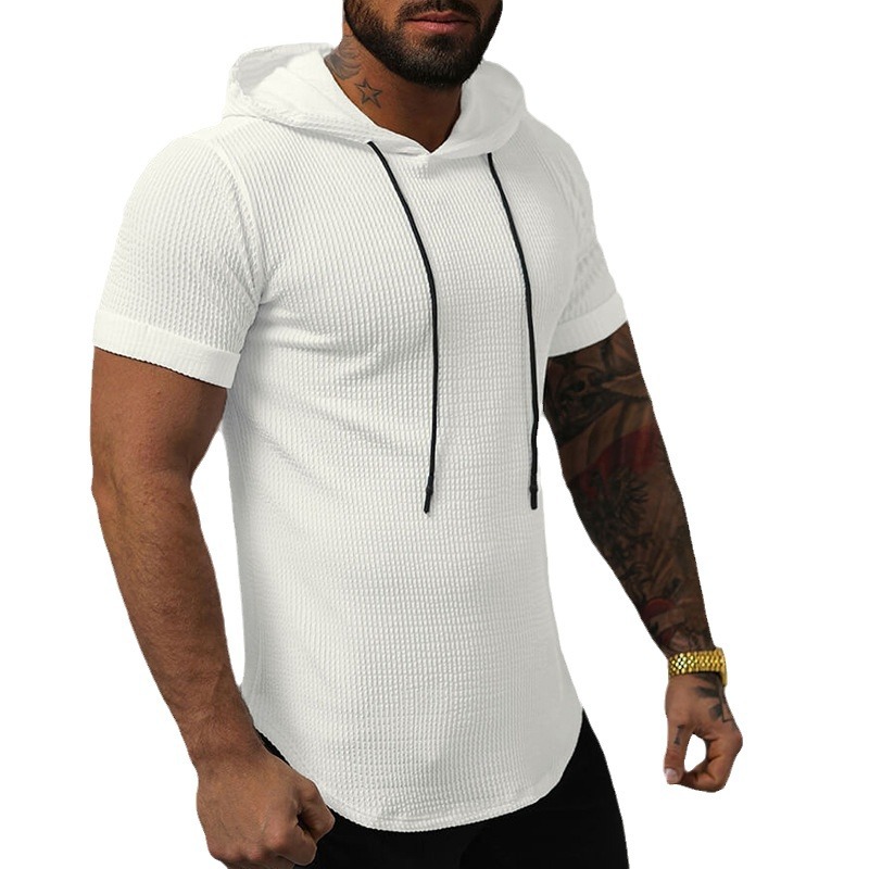 Tricou de vară bărbătesc alb pur cu glugă și frânghie, mânecă scurtă, 2024_voghion.com