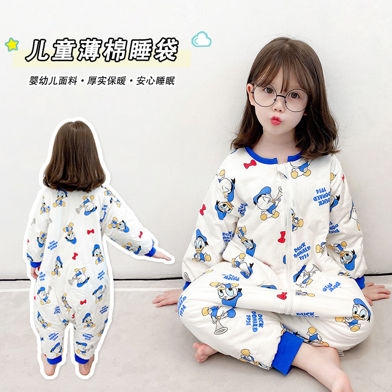 Children's Cartoon Split-Leg Sleeping Bag Winter Class a Pure Cotton Constant Temperature Thin Cotton Jumpsuit Men's and Women's Antibacterial Baby Pajamas