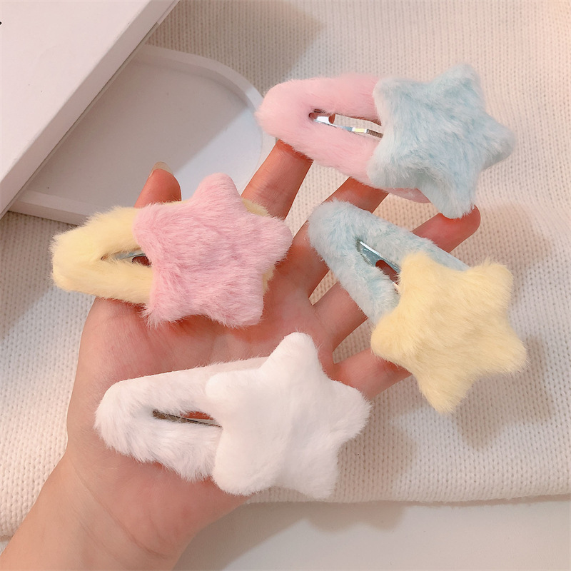 Colorful Sweet Korean Style Plush Star Hair Clips, Side Bangs Fringe Short Hair Accessories, BB Clips for Winter, 2023 New Arrival