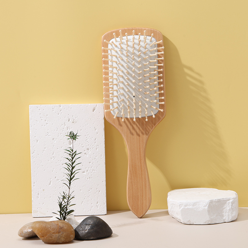 Peine de Madera con Cojín de Aire Cuadrado de Madera de Loto, Masajeador para Cabello