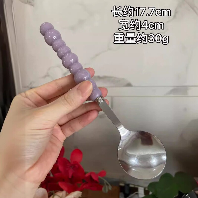 网红不锈钢彩色珍珠柄勺子塑料柄圆勺家用饭勺调羹勺蛋糕勺甜品勺|undefined