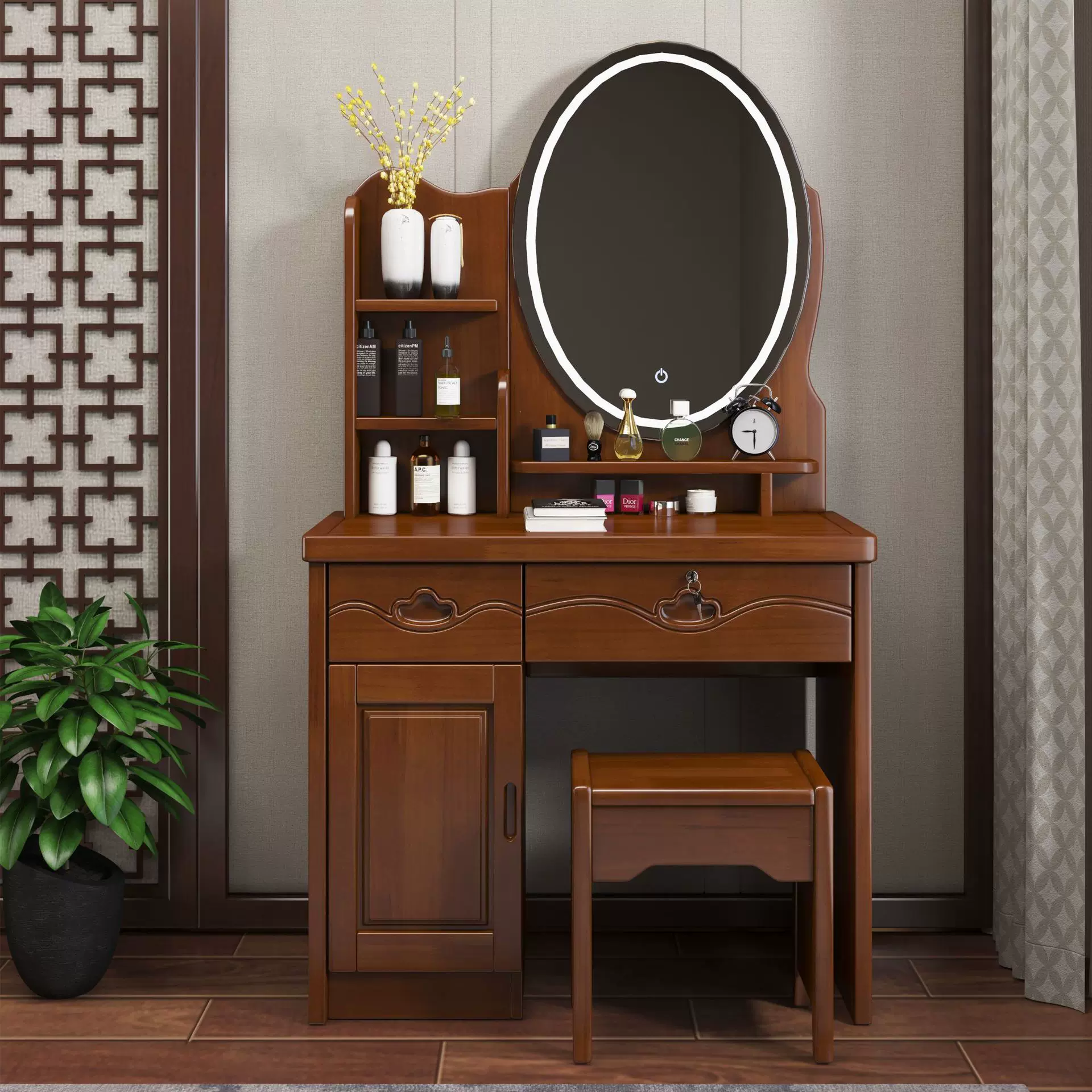 中式实木梳妆台带灯ins网红80cm化妆台收纳柜95多功能少女化妆柜