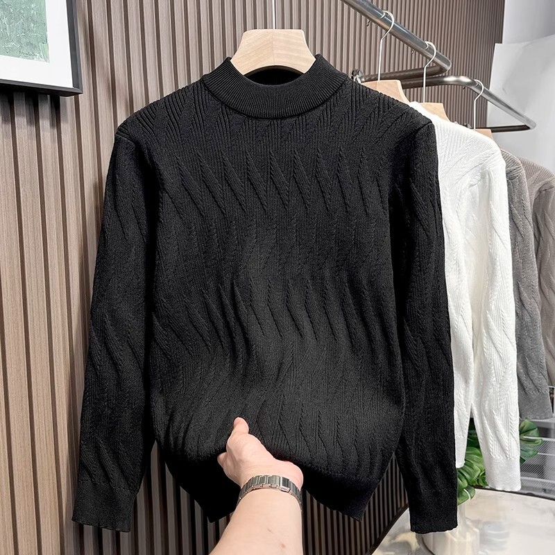 Men's Sweater Half Turtleneck Autumn and Winter Slim Fit Knitted Bottoming Shirt Pure Black Mid-Collar Fleece-Lined Thickeneded Sweater