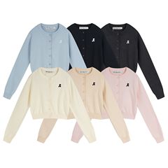 韓国restandrecreation刺繍丸首ニットカーディガン女性修身ギャル臍ショートセーター