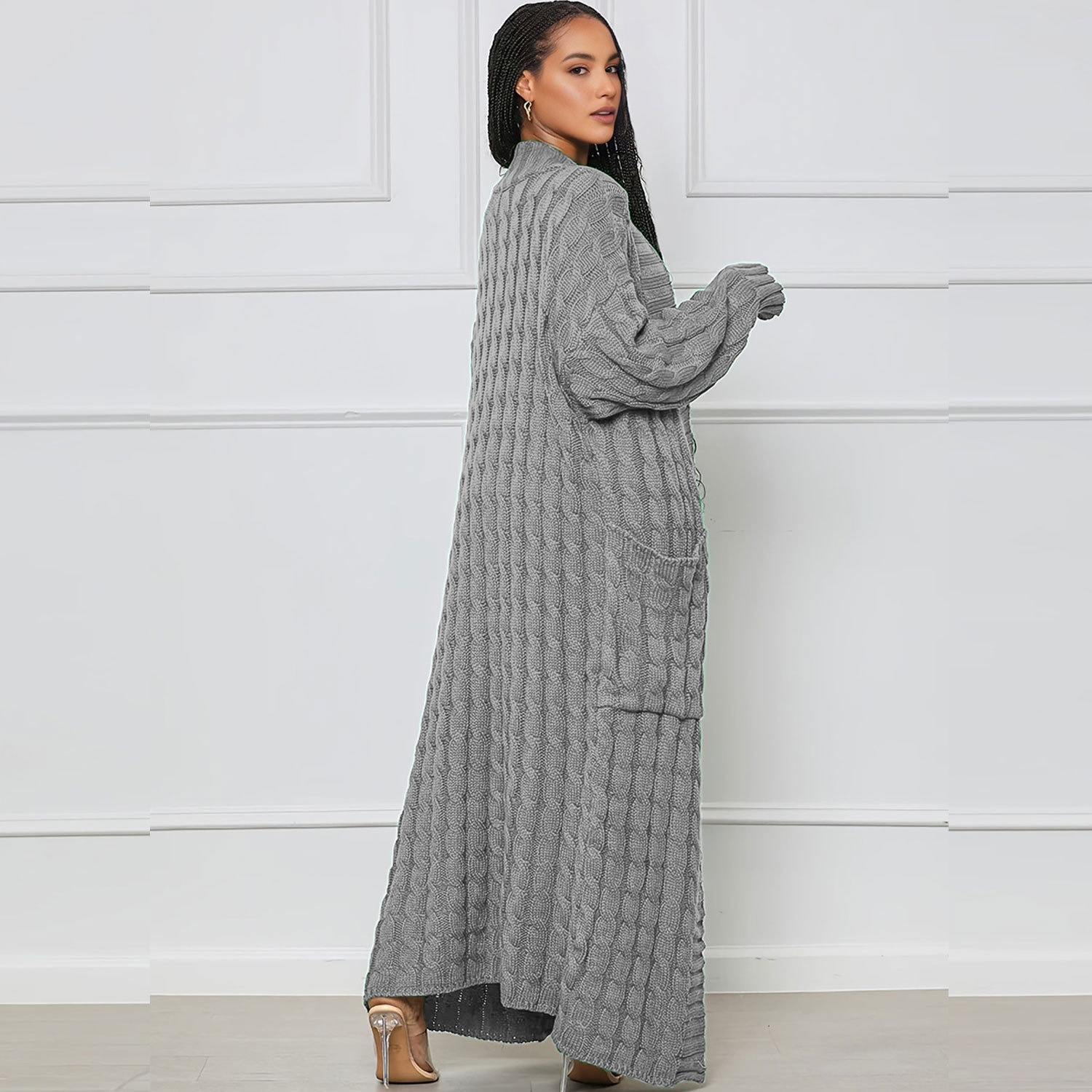 Damen Strickjacke Lang Aus Grobstrick In Unifarben Wintermantel_voghion.com