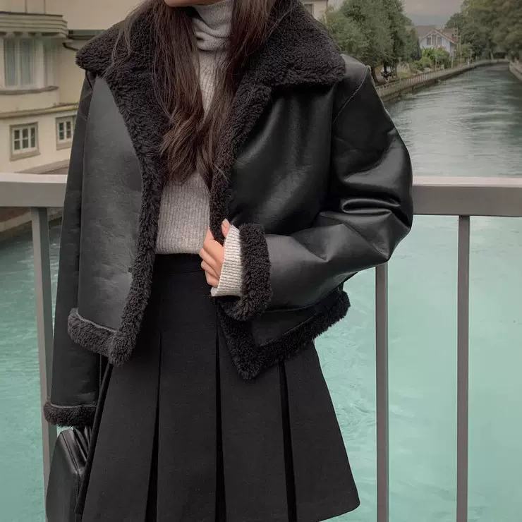 韩国chic 2025冬季复古慵懒翻领皮毛一体两面穿羊羔毛短款外套女