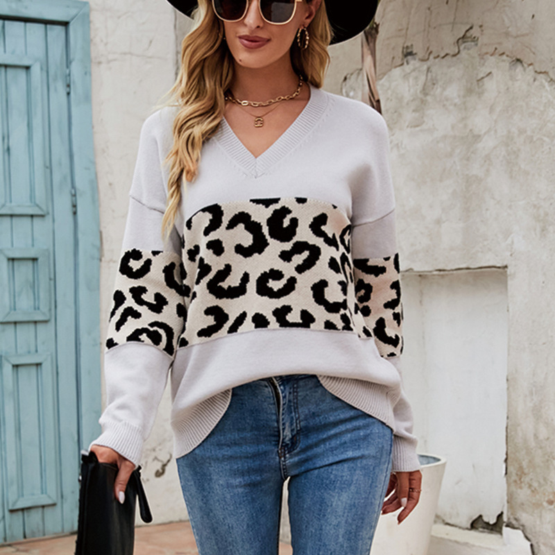 European and American Cross-Border Autumn and Winter New V Neck Personalized Splicing Knitwear Export Pullover Leopard Print Knitwear for Women Fashionable Style