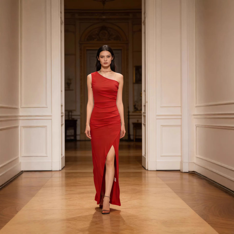 2024 New Arrival Women's One-shoulder Sexy Summer Sleeveless Slim-fit Pleated Wrap Split Cocktail Dress