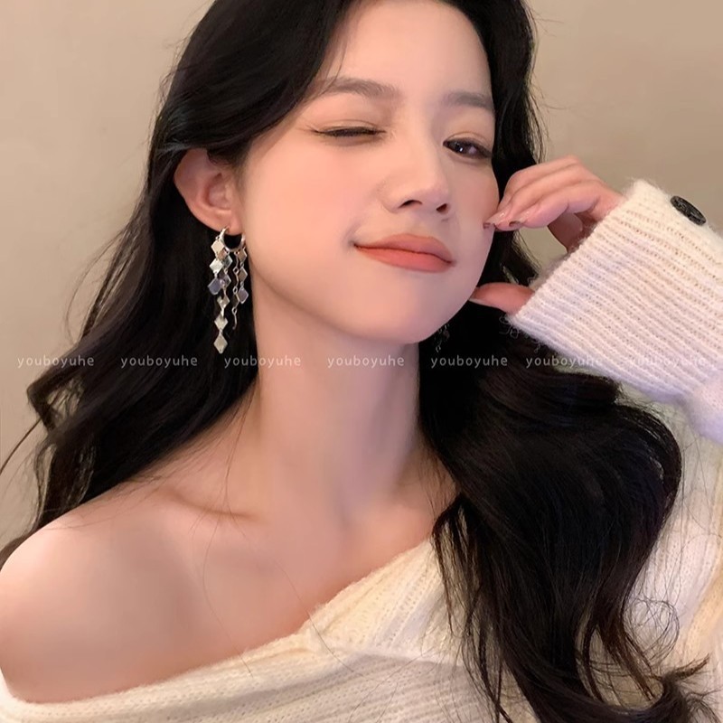 千金风金色菱形流苏耳钉女款轻奢高级感气质夸张耳圈绝美耳饰耳环|undefined