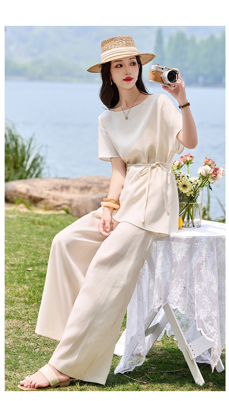 Bộ đầm suông nữ midi tay ngắn cổ tròn thắt eo — màu trắng ngà chi tiết 12
