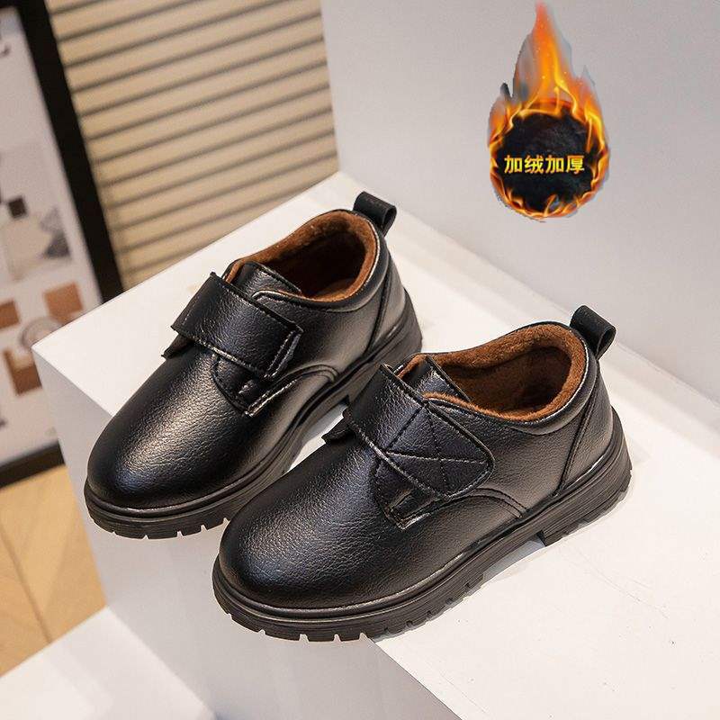 男童皮鞋2025秋冬新款加绒保暖小学生黑色皮鞋6-12岁儿童表演鞋潮