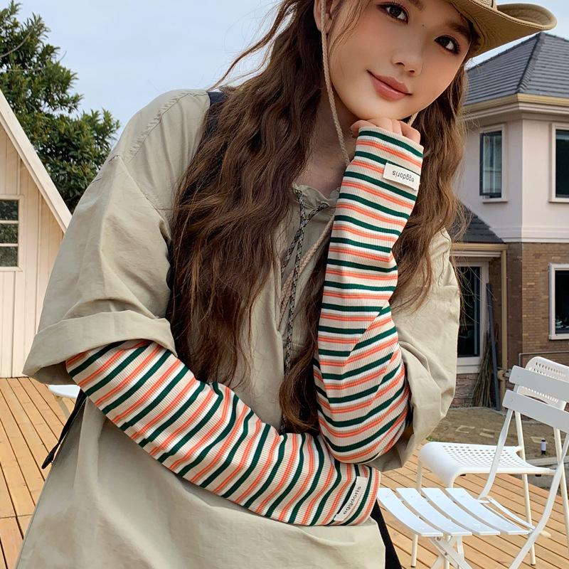 新款條紋防曬袖套女棉寬鬆護手袖開車騎行百搭防紫外線冰袖女批發