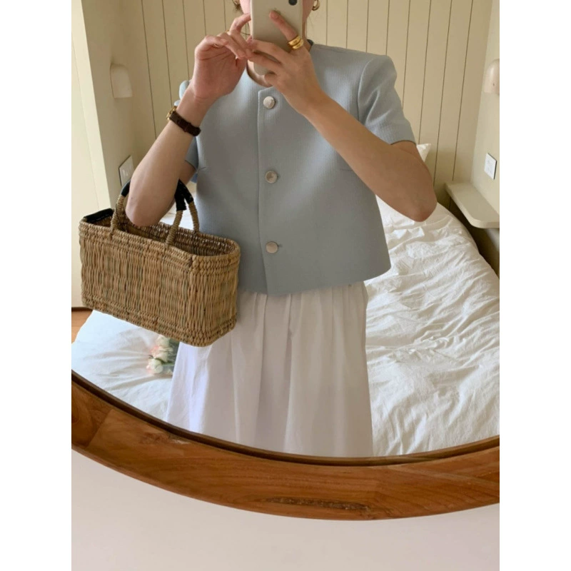 В наличии Корейский шикарный французский универсальный однобортный топ в стиле Шанель с круглым вырезом