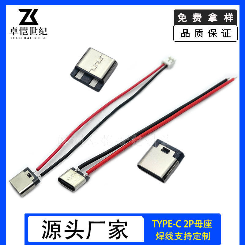 typec母座2P焊线式简易PH2.0端子连接器diy二芯线充电USB C口插座