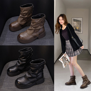 British Style Short Boots for Women 2025 New Autumn and Winter Pleated Knight Boots Thick-Soled Trouser Boots for Women Pile Student Boots