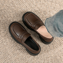 软牛皮~棕色乐福鞋女2024春秋新款小皮鞋英伦风厚底一脚蹬jk单鞋