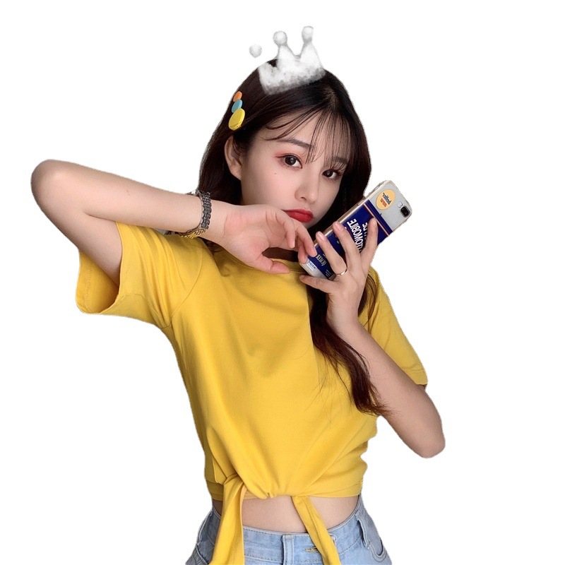 2021 verano nuevo estilo coreano de moda de cintura alta corto elegante estilo elegante manga corta color sólido diseño cuidadoso camiseta para mujer