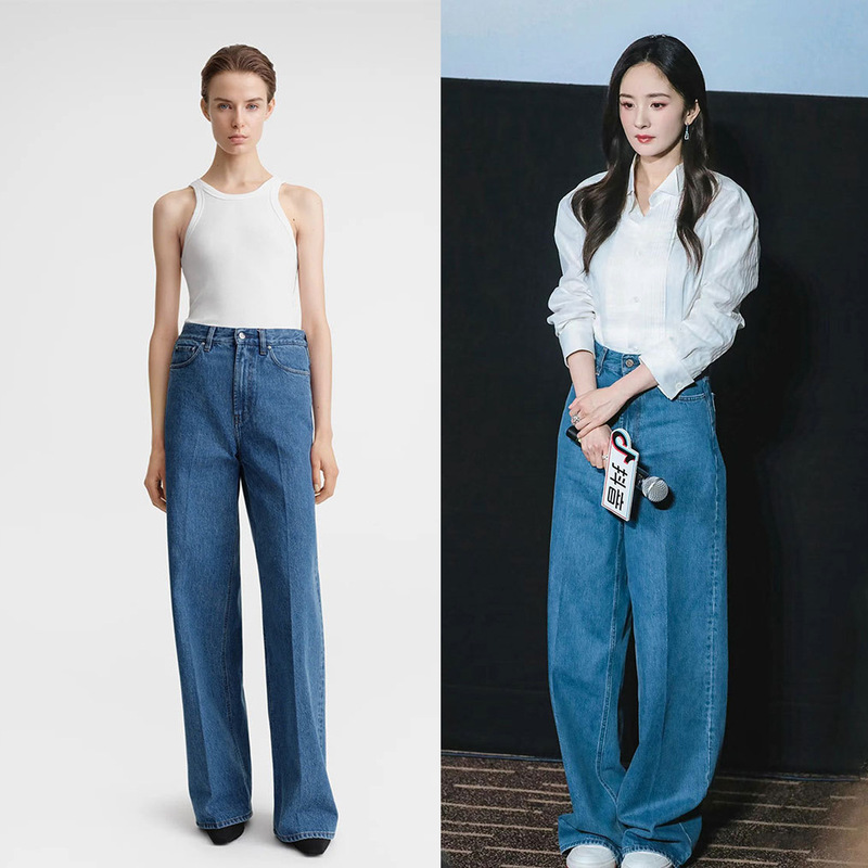 European and American TOT Large Power Same Style Extremely Simple High Waist Straight Tube Wide Legs Loose Slim Denim Trousers for Women