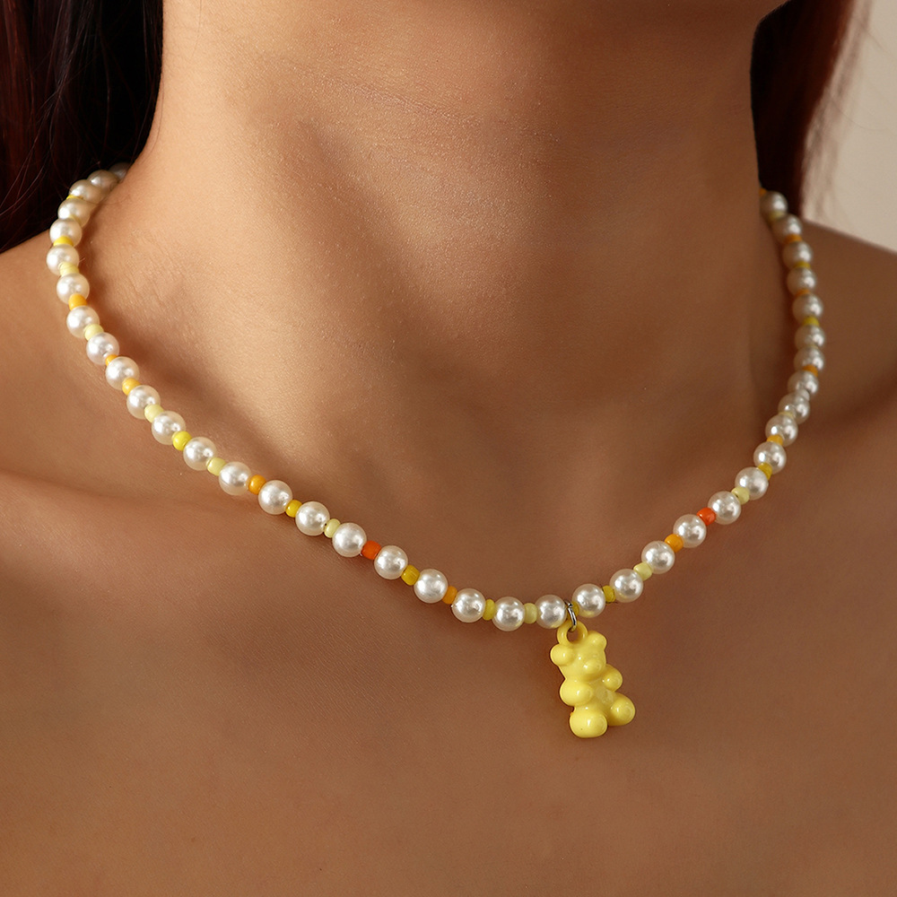 new macaron color jelly bear necklace personality trendy color rice bead pearl stitching clavicle ch
