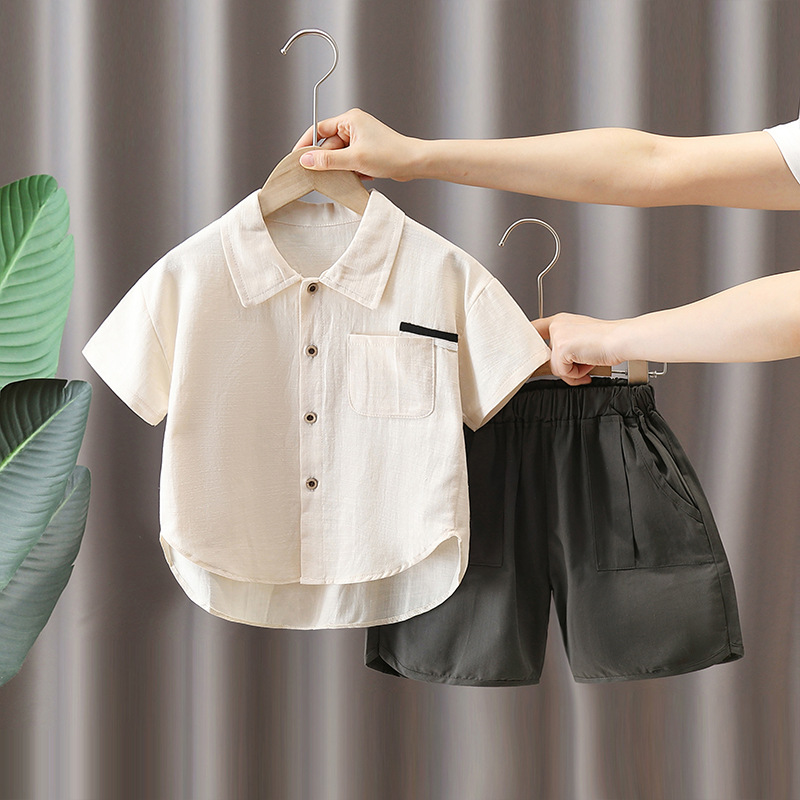 7155 Traje de algodón y lino para niños 2025 verano nuevo estilo camisa de manga corta para niños bebé verano transpirable traje de dos piezas de moda