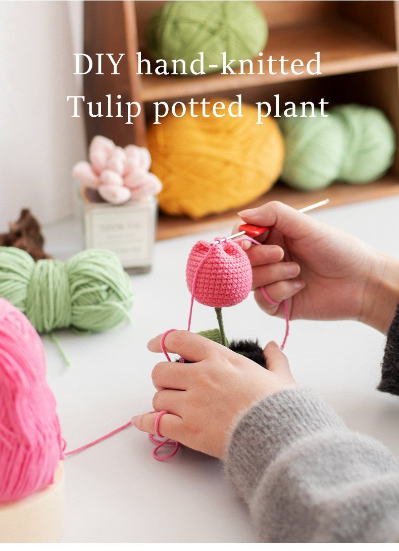 Handcrafted artificial flower ornaments, tulip crocheted potted plants, knitted woolen flowers, as bouquet gifts for elders and friends pic 3